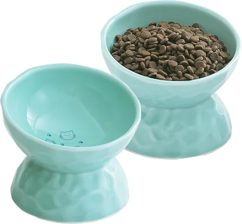 Tazones elevados de cerámica para gatos, juego de cuencos elevados inclinados para comida y agua, plato de porcelana libre de estrés para gatos y