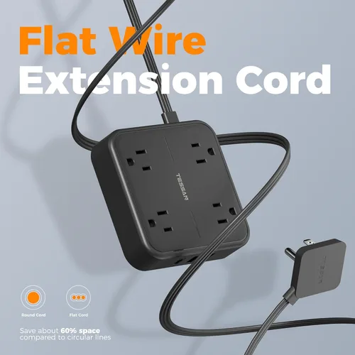 Miniatura 7 de TESSAN – Cable de extensión plano con protector de sobretensión de 10 pies, regleta de alimentación de enchufe plano con 4 salidas y 3 puertos USB