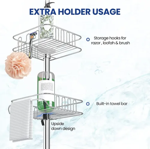 Miniatura 4 de SEIRIONE Organizador de Ducha y Esquinero a Prueba de Óxido para Baño, Poste de Tensión con 4 Cestas Ajustables para Accesorios de Ducha, 34 a 116