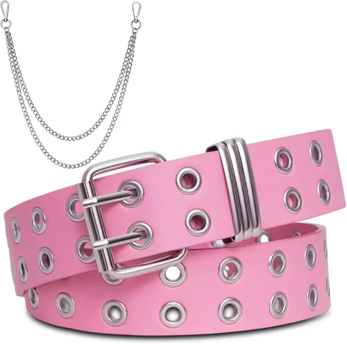 Miniatura 14 de FIORETTO Cinturón de cuero con ojales y cadena desmontable para mujeres y hombres, cinturones de cintura punk rock para pantalones vaqueros
