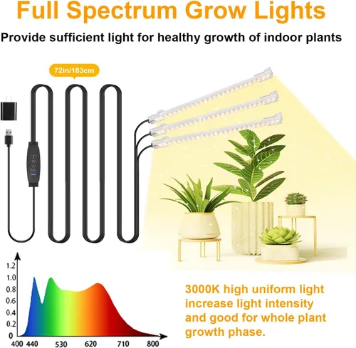 Miniatura 2 de Tiras de luz LED para cultivo, luces de cultivo para plantas de interior espectro completo 3000K, barra de luz para plantas con temporizador