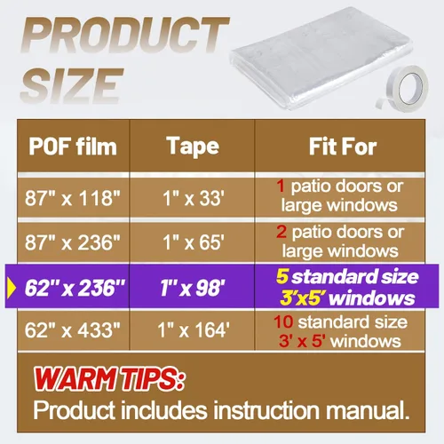 Miniatura 2 de Kit de aislamiento de ventana de 62×236 pulgadas para invierno - Endurecer plástico para 5 ventanas interiores para invierno, película retráctil