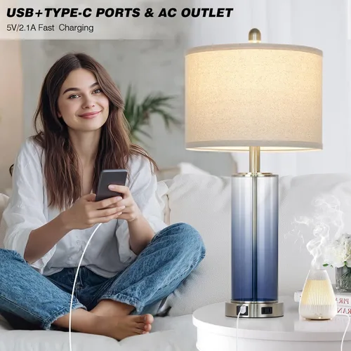 Miniatura 4 de Juego de 2 lámparas de mesa de cristal negro de 26 pulgadas, lámpara de sala de estar con control táctil regulable de 3 vías con puertos USB C+A