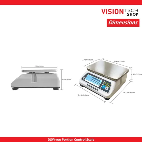 Miniatura 7 de VisionTechShop DSW-100 Báscula de alimentos para porciones con pantalla LCD única, bandeja de acero inoxidable, capacidad de 15 libras, legibilidad