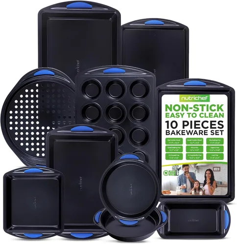 NutriChef - Juego de 10 piezas de bandejas para hornear antiadherentes - Bandejas de hornear de acero al carbono resistente con asas de silicona -
