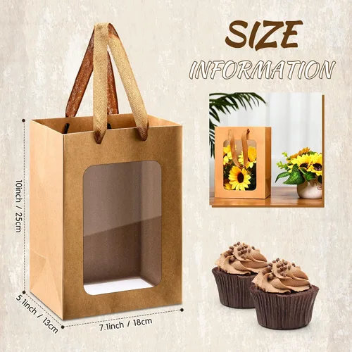 Miniatura 2 de Yexiya 15 bolsas de regalo de papel con ventana transparente, 7 x 5 x 10 pulgadas, bolsas de compras de papel kraft para bodas, cumpleaños