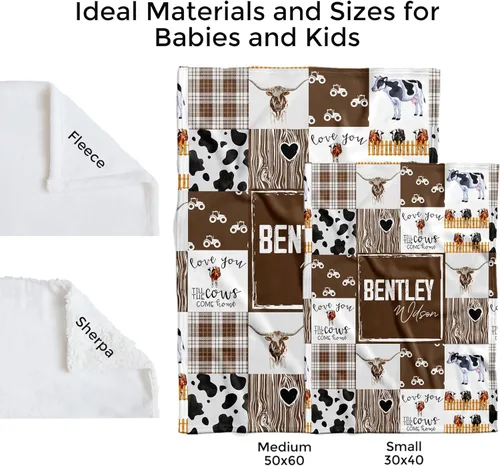 Miniatura 5 de MDPrints - Mantas de bebé personalizadas de vaca para niños, manta personalizada con nombre de bebé, regalo personalizado para recién nacido