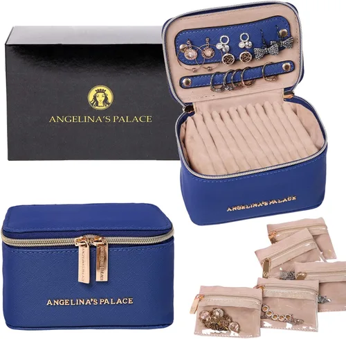 Angelina's Palace Estuche organizador de joyas, regalos de dama de honor, bolsa de viaje, caja de cuero vegano para collar, aretes, pulsera (cámara