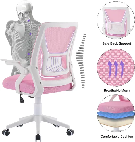 Miniatura 4 de VECELO Silla de oficina ergonómica giratoria de respaldo medio con brazos ajustables, soporte lumbar de malla para trabajo de computadora, rosa