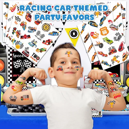 Miniatura 2 de 120 tatuajes temporales precortados de autos de carreras para niños, recuerdos de fiesta de cumpleaños con temática de autos de carreras súper