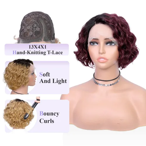 Miniatura 4 de WIGER Pelucas de cabello humano corto rizado, estilo Bob, peluca de cabello castaño corto rizado con encaje frontal para mujeres negras, 8 pulgadas