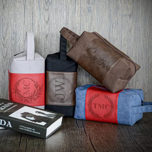 Miniatura 5 de Neceser personalizado para hombres, kit de afeitado de cuero de lona para padrinos de boda, nombre grabado/inicial, bolsa de viaje hecha a mano