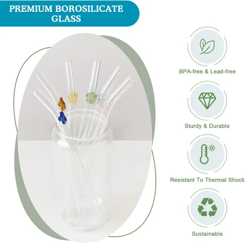 Miniatura 3 de 6 popotes de vidrio Boba reutilizables, 8.3 pulgadas x 0.394 in de ancho con dijes de flores, pajitas de té de burbujas reutilizables, aptas
