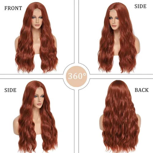 Miniatura 2 de YBYMCAI Pelucas largas para mujer, de fibra sintética color cobre rojo, onduladas, con parte media, rizadas, de 26 pulgadas, de aspecto natural