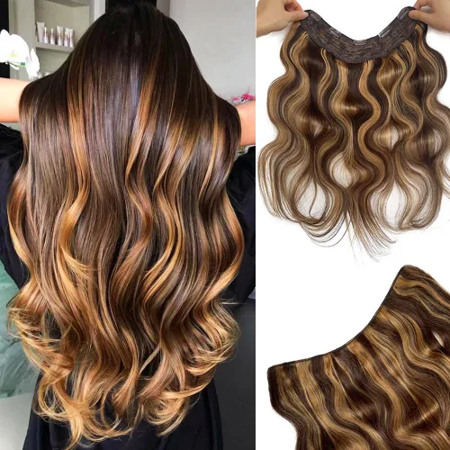 Extensiones de cabello humano rizado real, con reflejos, mezcla de rubio medio, rubio fresa, una pieza, extensiones onduladas con clip, para