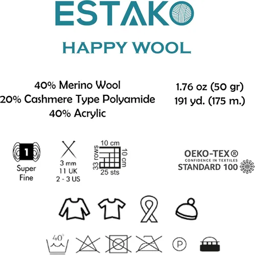 Miniatura 2 de Estako Happy Wool (paquete de 2 madejas) 40% lana merino 20% cachemira tipo poliamida 40% acrílico peso fingering hilo suave para tejer y crochet