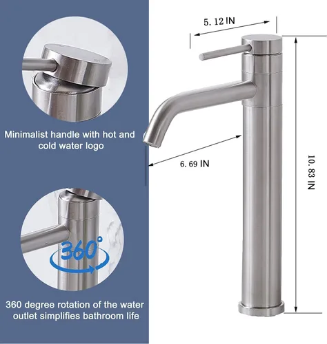 Miniatura 4 de Hotis HT-BF100 - Grifo de lavabo de níquel cepillado, grifo de baño alto de acero inoxidable con boquilla giratoria de 360°, grifos de baño de 1