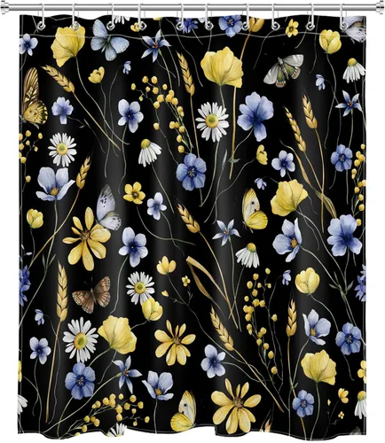 Miniatura 2 de EOBTAIN Nature - Cortina de ducha con flores silvestres para baño, cortina de ducha amarilla floral y mariposa sobre negro, con 10 ganchos, juego