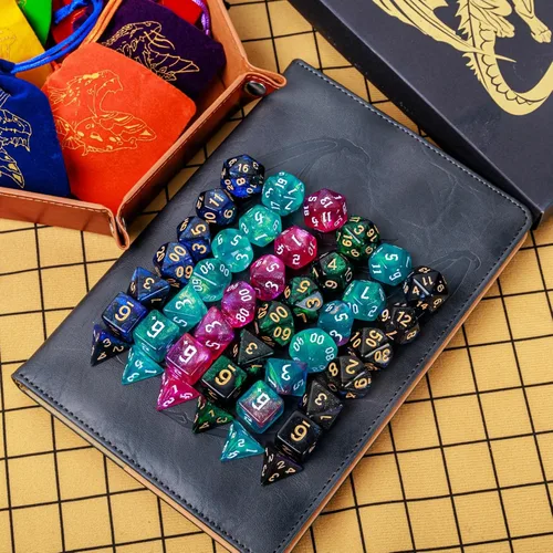 Miniatura 7 de DND - Juego de 42 dados poliédricos de Calabozos y Dragones para juegos de mesa D&D RPG MTG, dados a granel con coloridas bolsas de cordón y bandeja