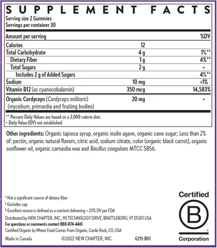 Miniatura 6 de New Chapter® Gomitas orgánicas de vitamina B12+ - 47% menos de azúcar§, USDA Organic Vegan B12, dos gomitas diarias para apoyo de energía celular
