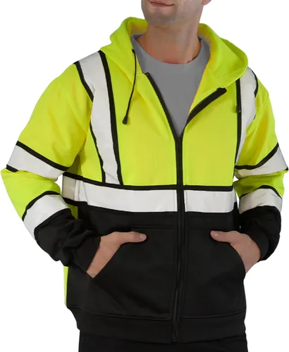 Miniatura 14 de SEsafety Sudadera con capucha con cremallera de alta visibilidad, sudadera de seguridad reflectante clase 3 con parte inferior negra, chaqueta
