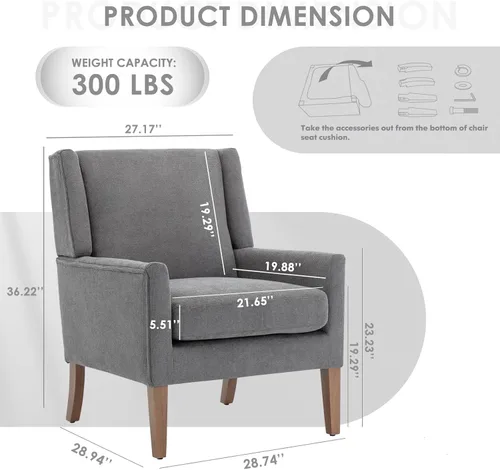 Miniatura 2 de COLAMY Silla moderna de ala para sala de estar, sillón acentuado tapizado en tela, sillón individual con asiento tipo sofá y patas de madera