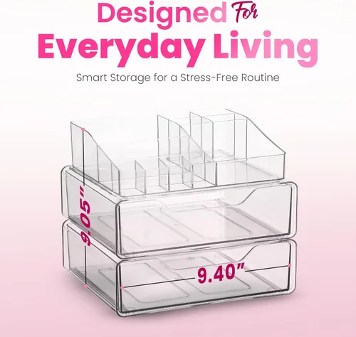 Miniatura 2 de Masirs Organizador de maquillaje acrílico transparente con cajones, almacenamiento de tocador cosmético para cuidado de la piel, accesorios
