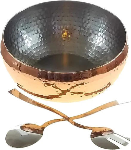 Miniatura 3 de Ensaladera martillada con acento de cobre de 3 piezas con 2 utensilios para servir, completo con cuchara y tenedor de gran tamaño a juego, úsalo