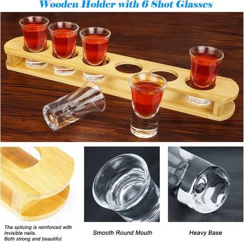 Miniatura 3 de D&Z Vasos de chupito de 1 oz con soporte, juego de vasos de chupito en bandeja de madera de bambú, 6 vasos de chupito de base pesada para whisky