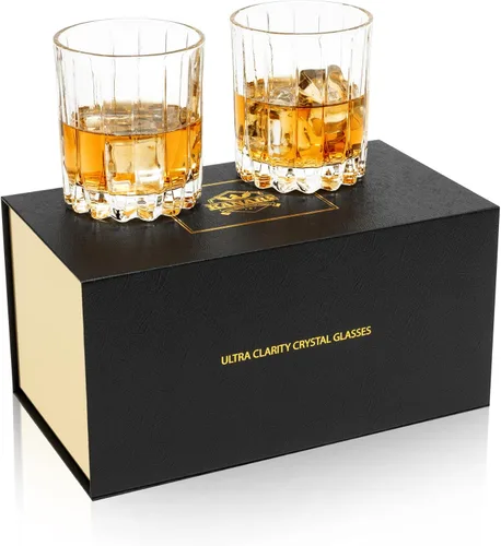 KANARS Juego de 2 vasos de whisky estilo antiguo de 10 oz - Vasos de cristal Rocks para bourbon, cóctel, escocés, snifter de malta, coñac - Regalo