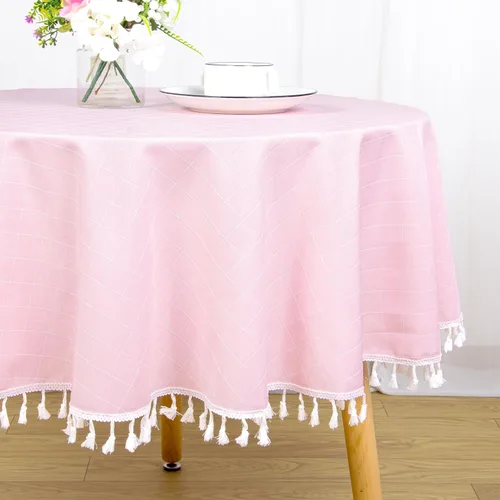 Miniatura 2 de ShinyBeauty Mantel Redondo Rosa Bebé de 55 Pulgadas Mantel Gingham Rosa a Cuadros Mantel de Mesa de Algodón para Mesa Redonda Mantel a Cuadros Rosa