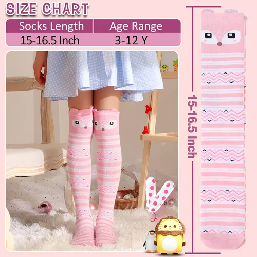 Miniatura 6 de MOGGEI 6 pares de calcetines hasta la rodilla para niños y niñas de regalo largos locos tontos altos divertidos lindos animales para niños