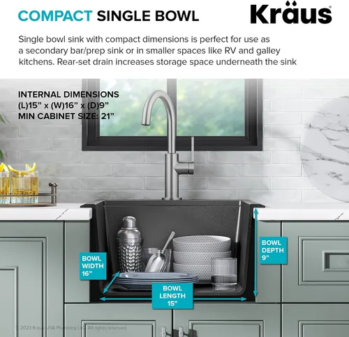 Miniatura 6 de KRAUS Bellucci KGTW12-18MBL - Fregadero de cocina de estación de trabajo de granito, 46 cm, montaje directo, cuenco individual, montaje superior