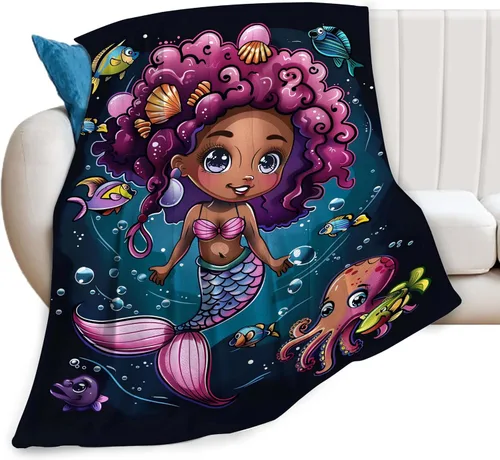 Manta de Sirena de Niña Negra Decoración de Sirena Manta Decorativa Regalos para Niñas Niños Amantes de Sirenas Invierno Sofá Ropa de Cama Súper