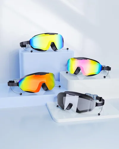 Miniatura 7 de Gafas de natación con tapones para los oídos, gafas de natación antivaho UV de visión amplia, lentes UV de 3 colores para hombres, mujeres y niños
