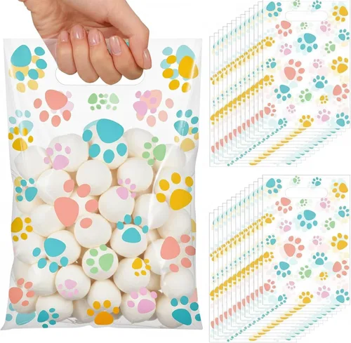 Miniatura 25 de Pasimy 100 bolsas de regalo de pata de perro a granel, diseño de pata de mascota, bolsas de plástico con asa para decoración de fiesta de cumpleaños