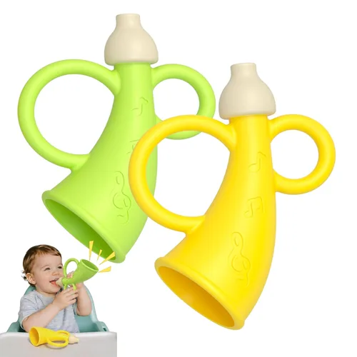 Juguete de trompeta para bebé de 6 a 12 meses, juguete de silicona con 2 piezas de color amarillo y verde para dentición, juguetes de silbato de