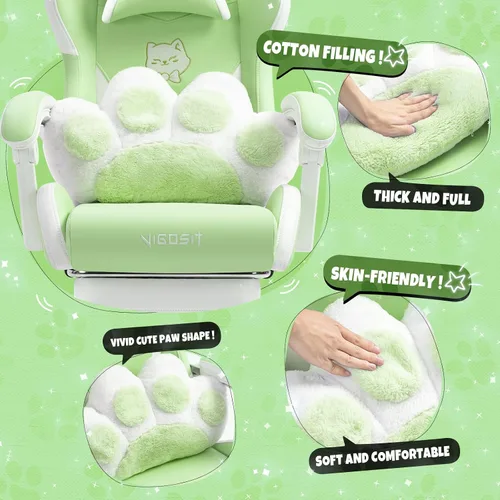 Miniatura 4 de Silla de gamer verde con reposapiés de gato de Vigosit, silla de escritorio de gamer ergonómica y linda con orejas de gato, silla de computadora
