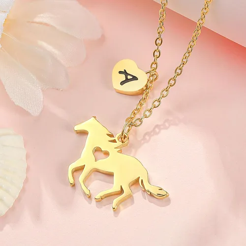 Miniatura 8 de MONOOC Collar de regalo para niñas con colgante de caballo - Collar de caballo delicado de acero inoxidable con corazón, 26 iniciales de la A a la Z