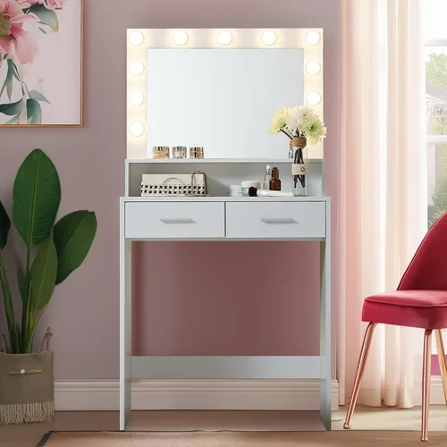 Miniatura 5 de MIRROTOWEL Escritorio de tocador con espejo y luces, tocador con cajón grande, cómoda de almacenamiento de 2 niveles y 3 modos de iluminación