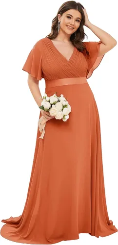 Miniatura 92 de Ever-Pretty Vestido formal para mujer, Navidad, Año Nuevo, cuello en V, gasa, talla grande, largo hasta el suelo, vestido de dama de honor