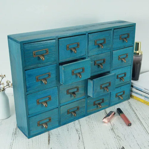 Miniatura 4 de Gabinete de boticario con 16 cajones con mesa, baúles y gabinetes de boticario, gabinete para catálogo de tarjetas de biblioteca, caja de Azul