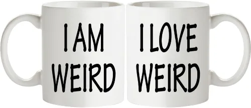Fatbaby Juego de tazas de café para él y ella, con texto en inglés "I Am Weird,I Love Weird,I Love Weird,I Love Weird," juego de tazas divertidas