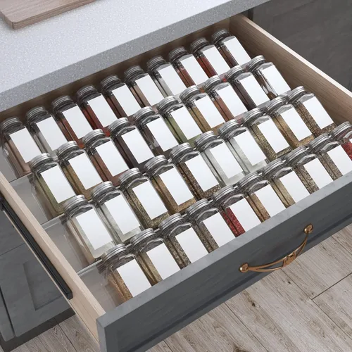 Antimbee Organizador de cajones de especias, 4 niveles, paquete de 8 bandejas de especias de cocina para cajón, expandible de 13 a 26 pulgadas,