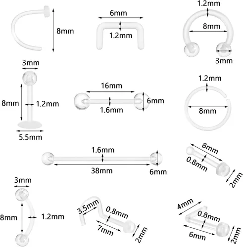 Miniatura 3 de Juego de 44 piezas de piercings de nariz transparentes, juego de piercings de acrílico para labios, flexible para nariz, lengua, vientre, ceja
