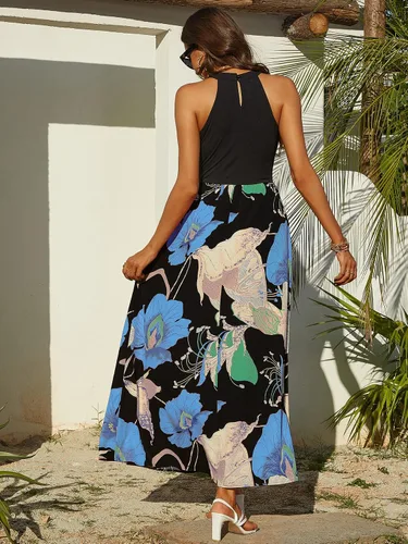 Miniatura 2 de OYOANGLE Vestido largo con estampado floral halter sin mangas con cinturón para mujer