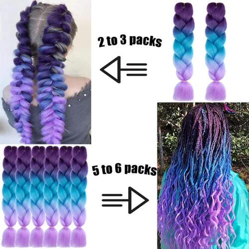 Miniatura 4 de 3 paquetes de extensiones de cabello sintético para trenzar de color negro a azul, tamaño jumbo ombré, de 24 pulgadas o trenzas de ganchillo