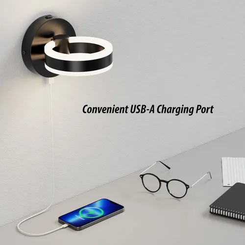 Miniatura 5 de Apliques de pared LED con interruptor de encendido/apagado, luminarias de pared giratorias cableadas de color negro mate, puerto de carga USB