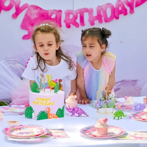 Miniatura 7 de WERNNSA - Decoraciones de fiesta de dinosaurios para niñas, paquete de 50 servilletas de papel de dinosaurio rosa, decoraciones de cumpleaños