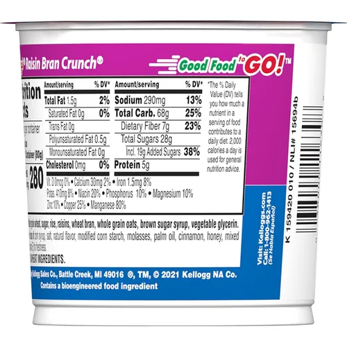 Miniatura 2 de Kellogg's Raisin Bran Crunch Cereales para el desayuno en tazas, cereal de fibra, hecho con fruta real, sabor original, caja de 33.6 onzas (12 tazas)